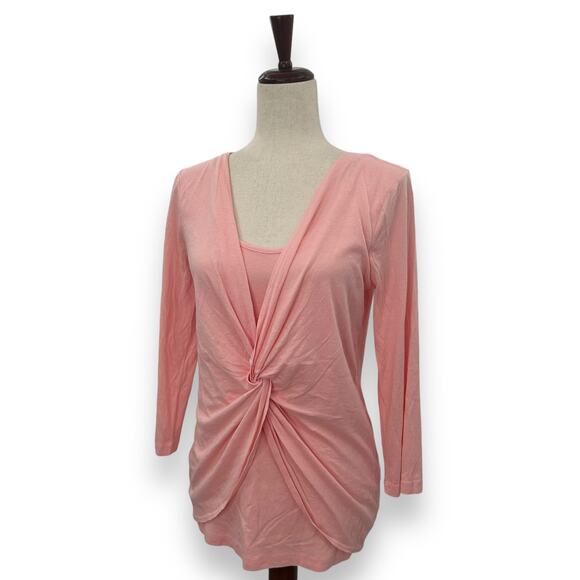 Three Dots Light Pink Knot Front Top Size Large Cotton Modal Draped Twist Wrap - Picture 2 of 10